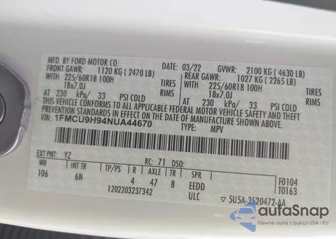 2022 Ford Escape Sel из США, поврежденный, VIN 1FMCU9H94NUA44670